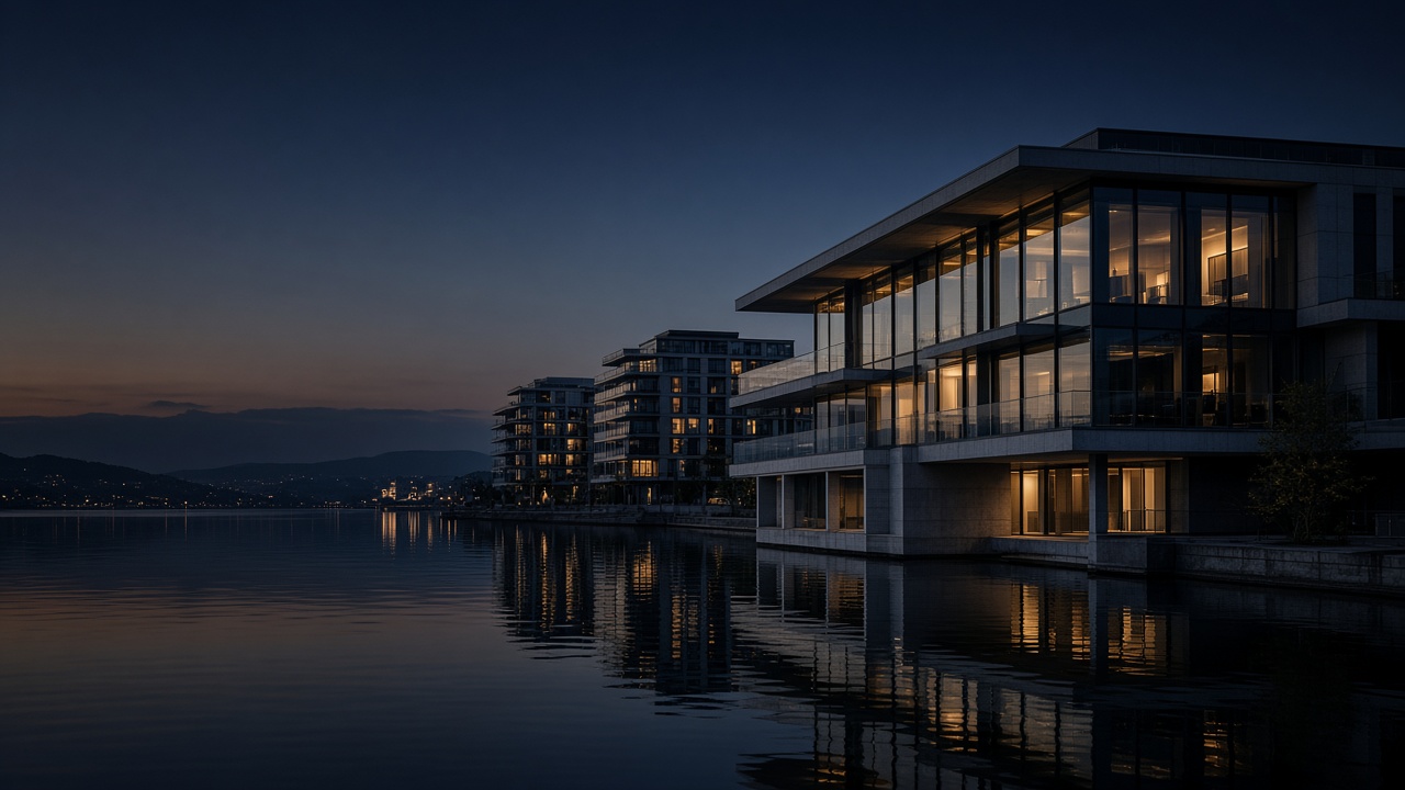 Zeitgenössische Zürcher Architektur am See zur blauen Stunde
